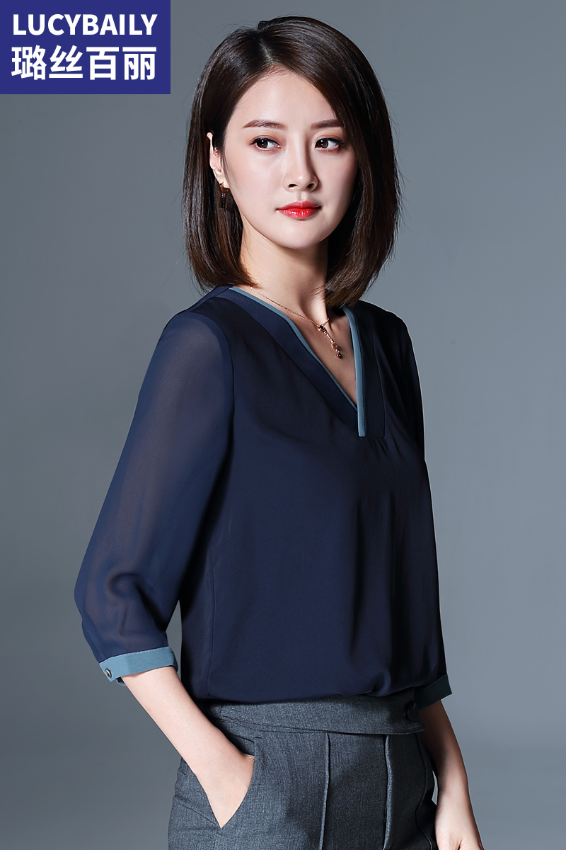 璐絲百麗雪紡衫女夏新款v領(lǐng)上衣顯瘦寬松小衫復(fù)古ol襯衫
