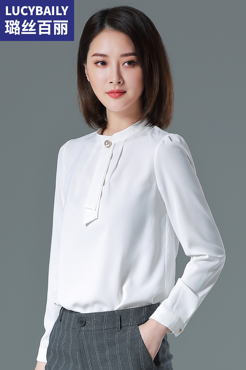 璐絲百麗白色襯衫女時尚飄帶寬松職業(yè)雪紡長袖上衣立領襯衣
