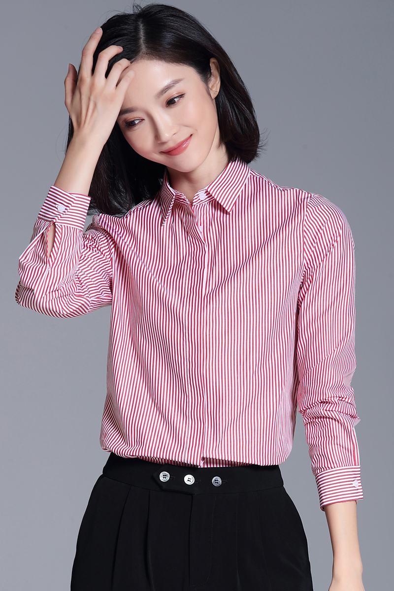 粉色條紋襯衫女長袖寬松豎條紋職業(yè)裝氣質(zhì)休閑OL上衣純棉襯衣