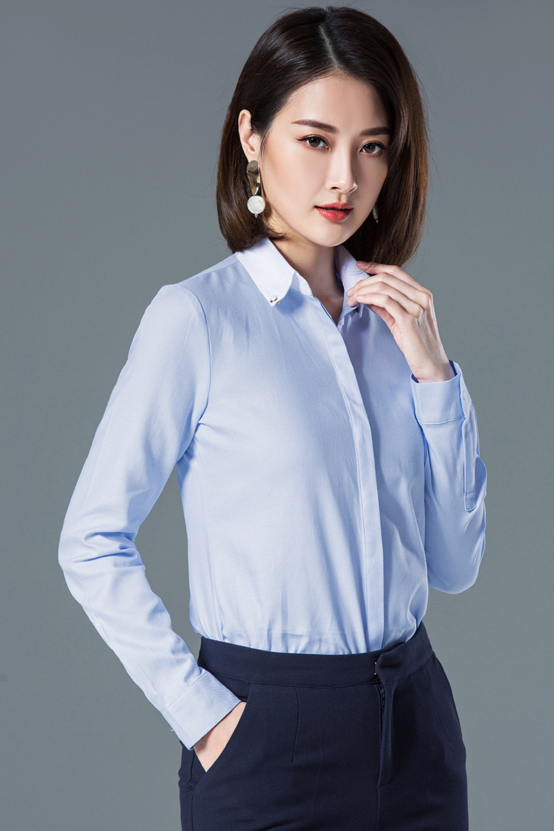 藍(lán)色襯衫女職業(yè)裝長袖氣質(zhì)新款工作服正裝純棉襯衣休閑上衣