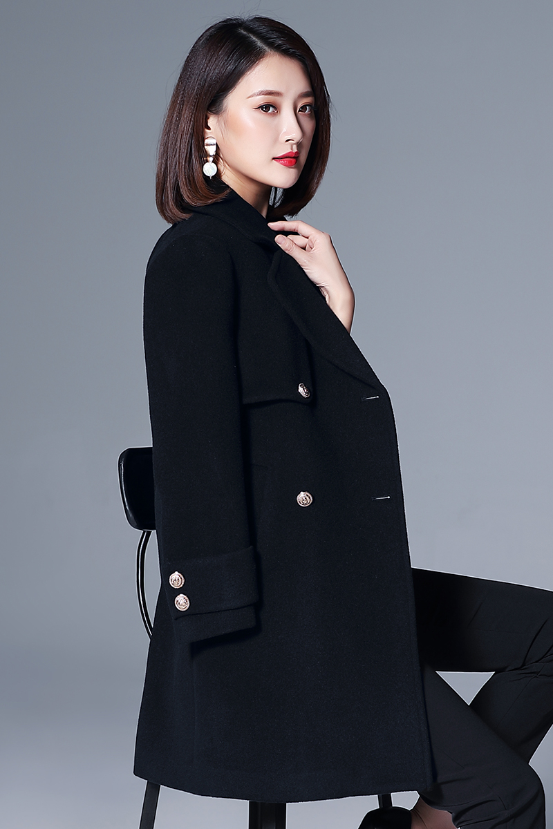 黑色毛呢大衣女中長款英倫風(fēng)雙排扣寬松羊毛呢子外套職業(yè)裝