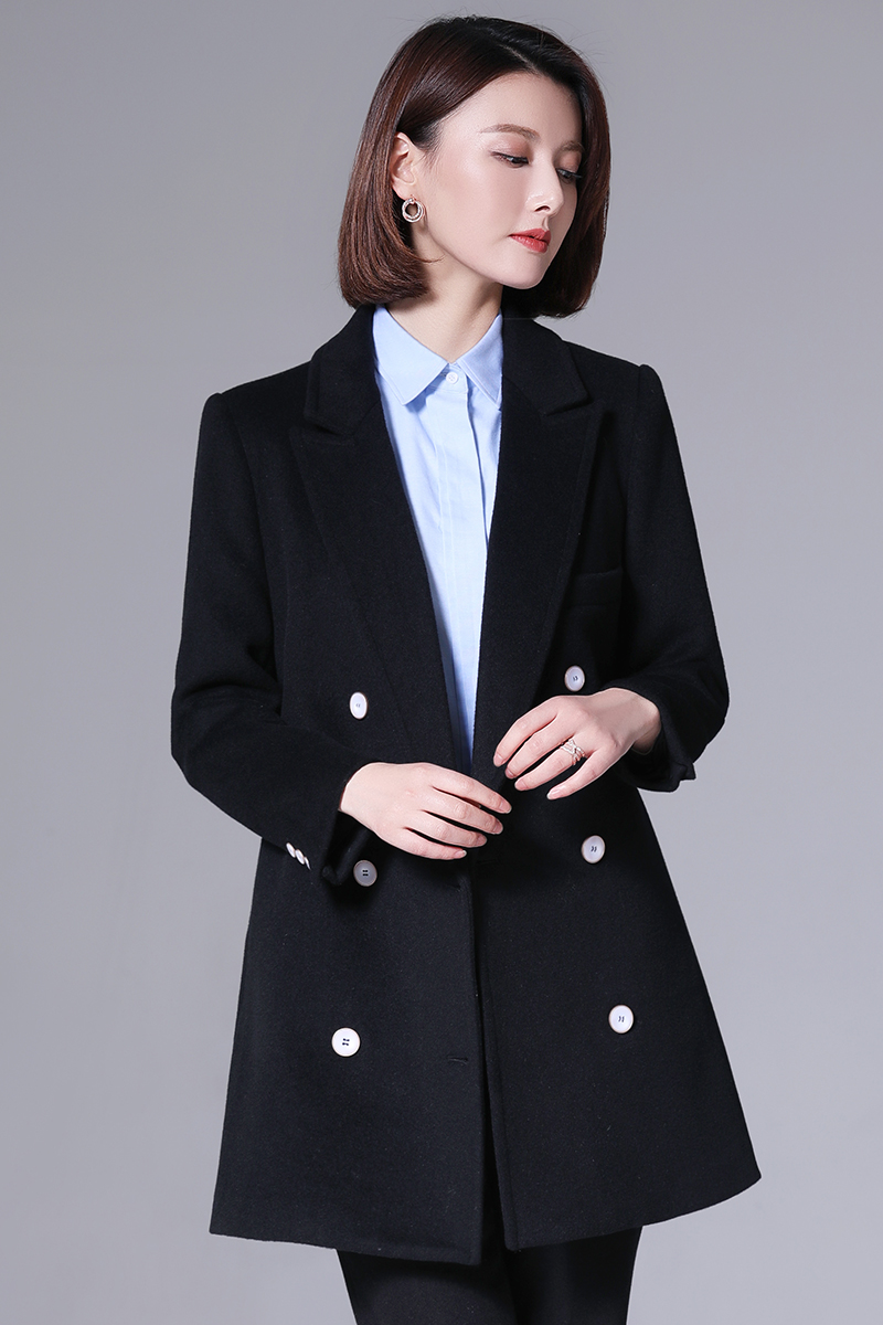 黑色毛呢外套女中長款氣質(zhì)工作服寬松呢子西裝羊毛大衣職業(yè)裝