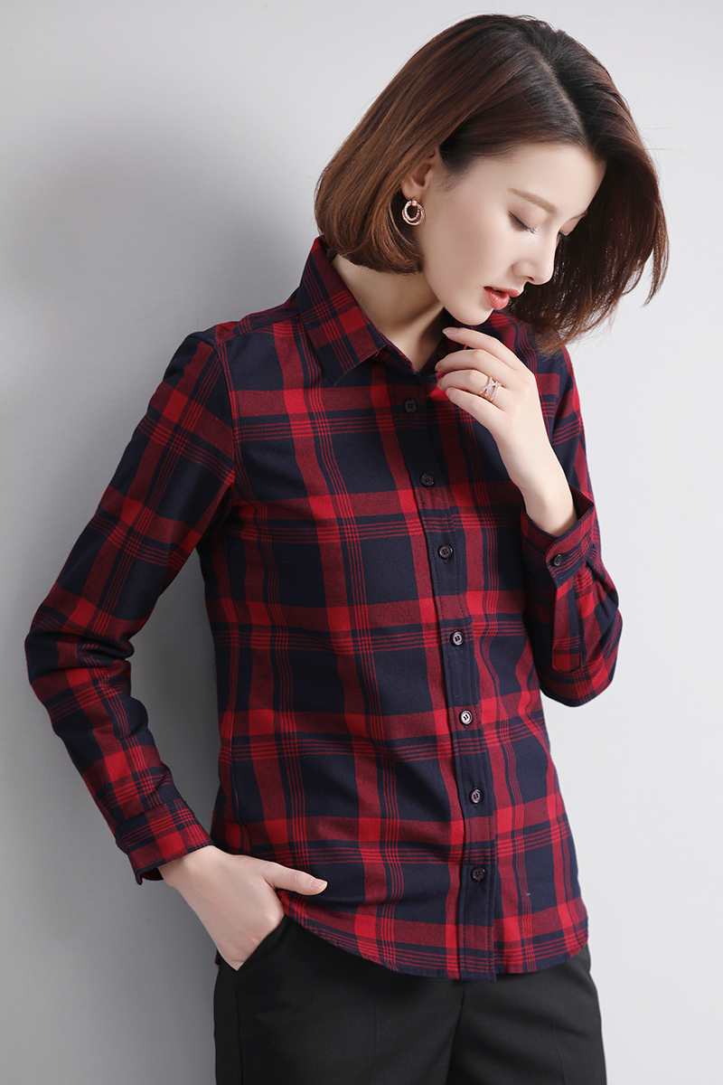 紅色格子襯衫女長袖新款休閑氣質(zhì)職業(yè)上衣打底襯衣