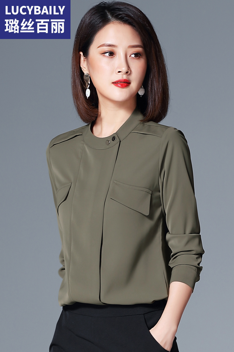 璐絲百麗軍綠色雪紡襯衫女長袖裝新款立領(lǐng)上衣職業(yè)氣質(zhì)襯衣