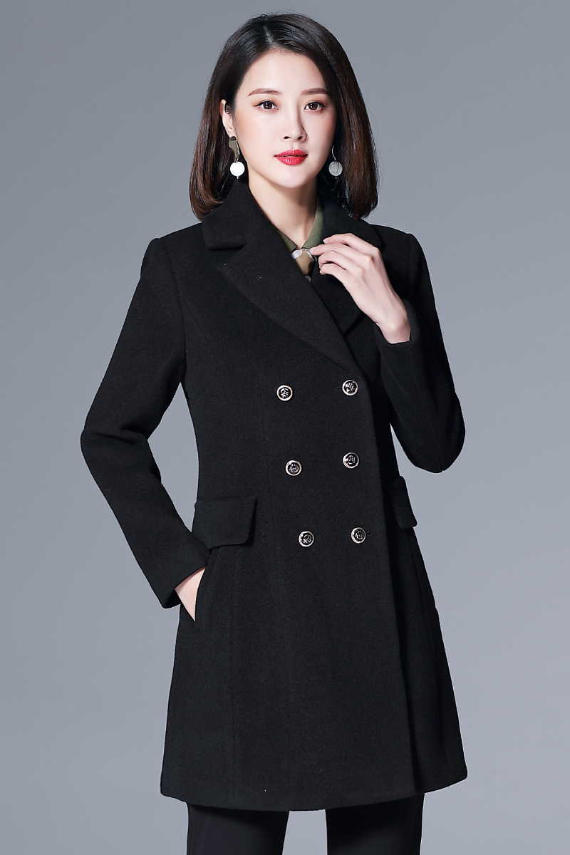 高端黑色毛呢大衣女中長款修身氣質(zhì)職業(yè)新款赫本羊毛呢子外套