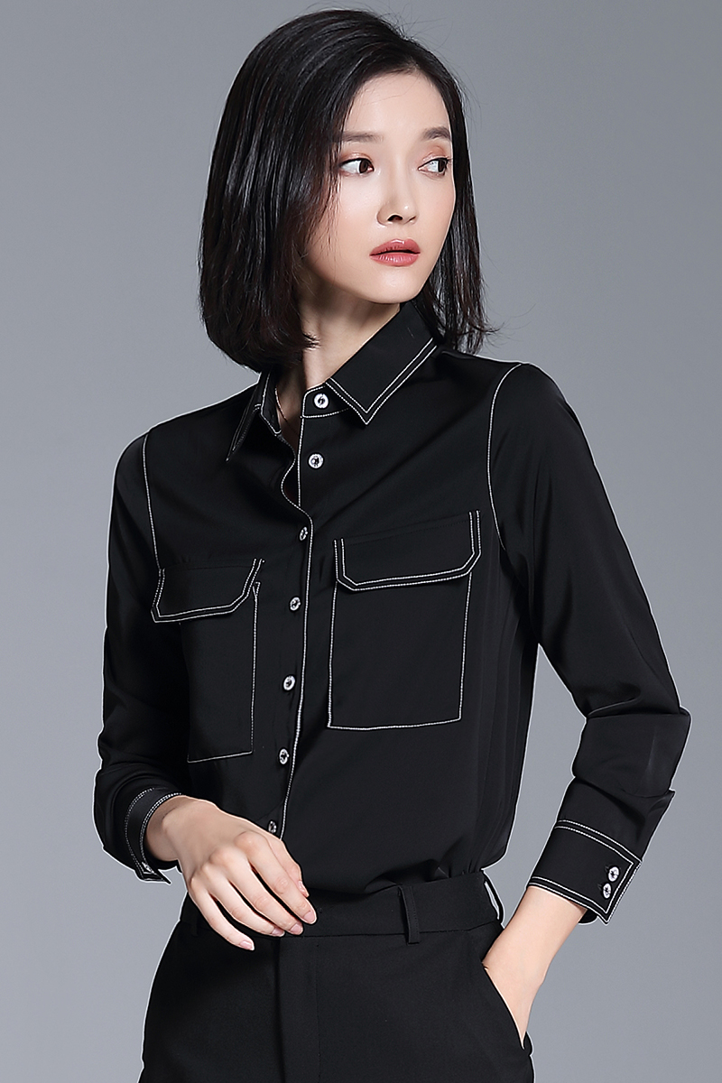 長袖襯衫女職業(yè)裝寬松正裝休閑復(fù)古上衣時尚氣質(zhì)黑色襯衣