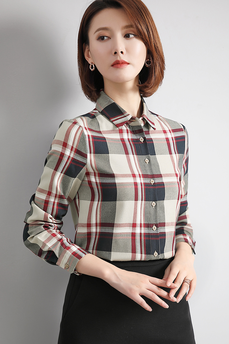 磨毛格子襯衫女長袖職業(yè)氣質(zhì)寬松休閑襯衣新款經(jīng)典復古上衣