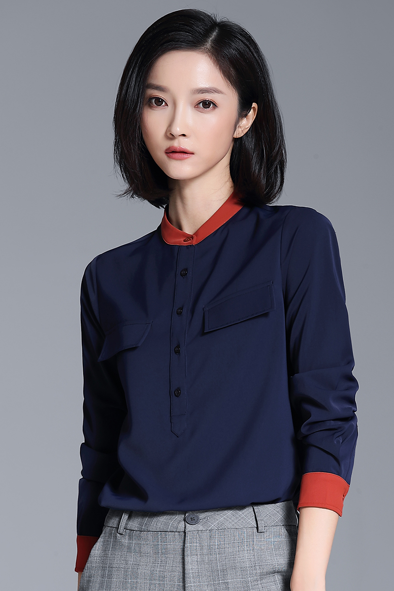 雪紡職業(yè)襯衫女長袖時尚撞色商務(wù)正裝OL氣質(zhì)新款立領(lǐng)襯衣
