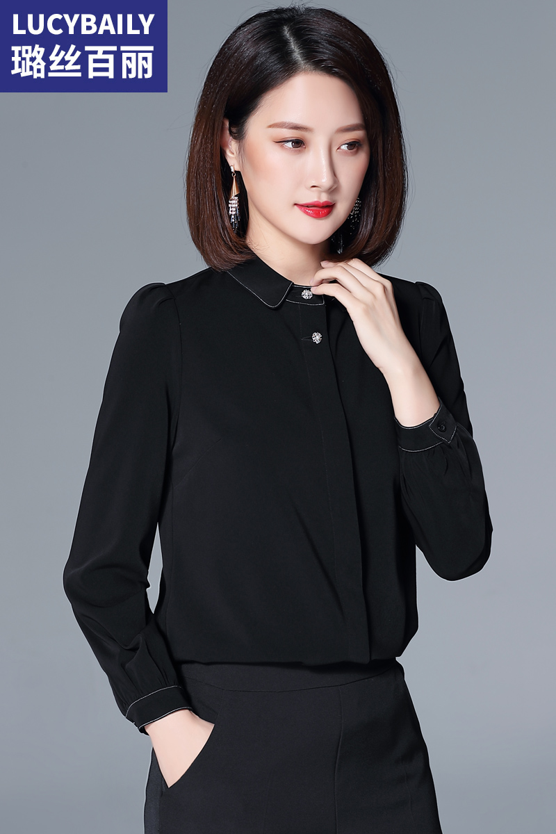 璐絲百麗黑色娃娃領(lǐng)襯衫女長袖裝新款時尚雪紡襯衣職業(yè)上衣