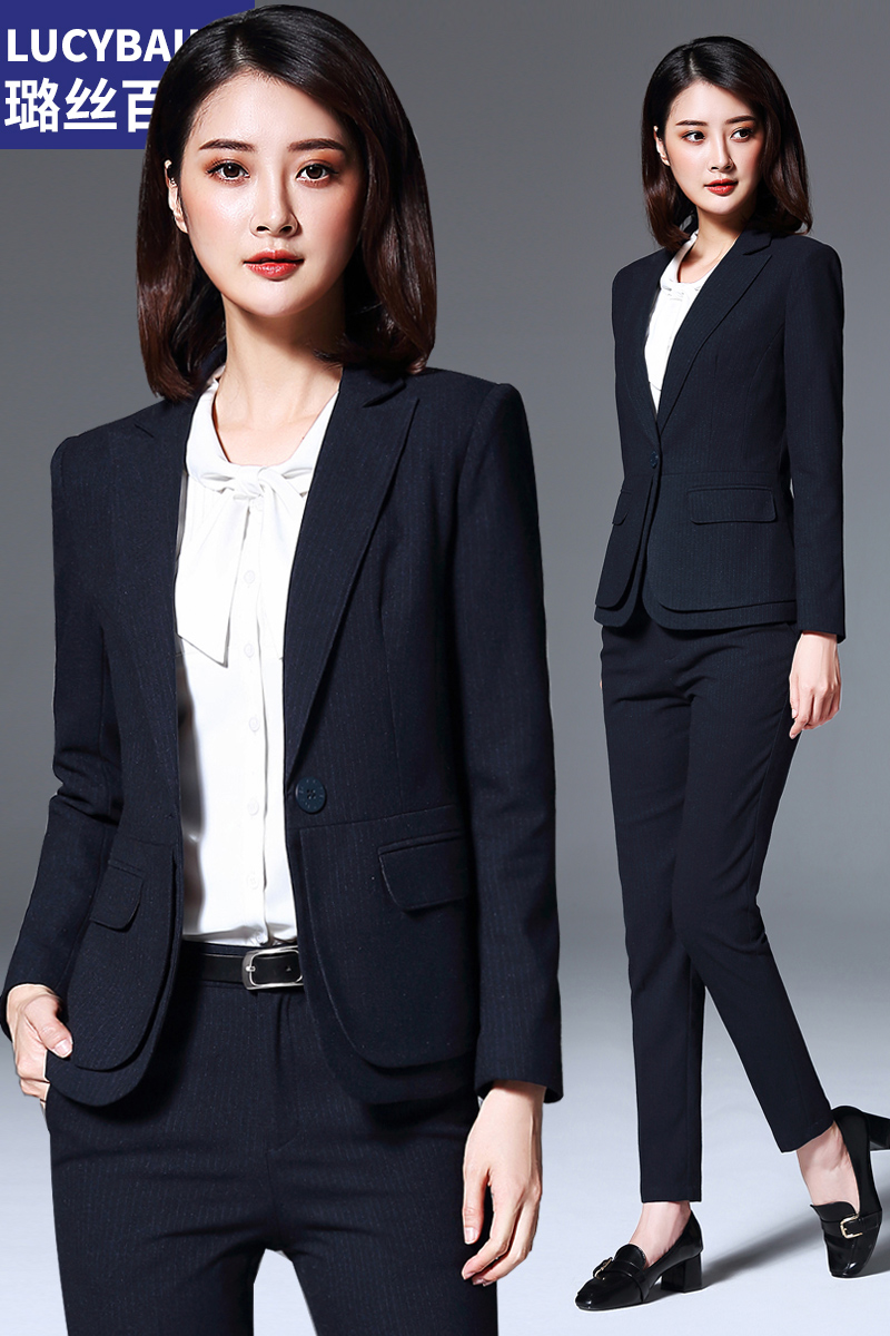 璐絲百麗條紋西裝套裝女職業(yè)裝裝新款時尚修身商務(wù)西服正裝