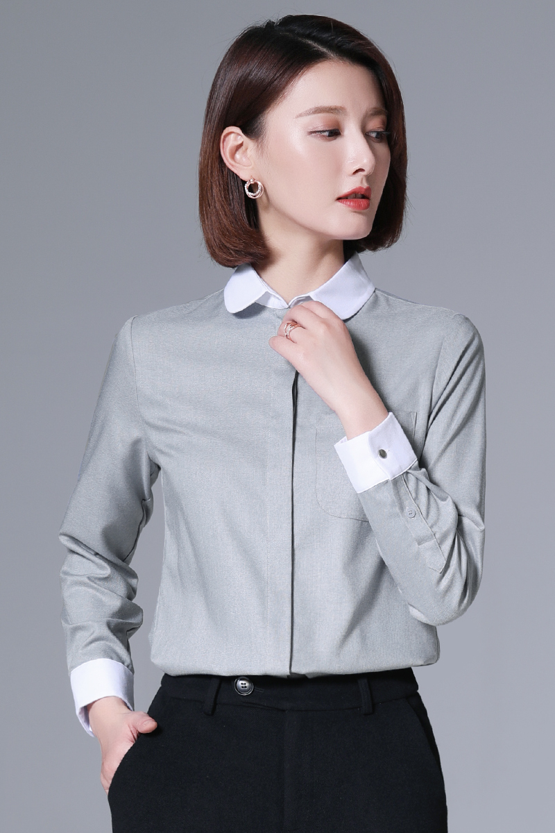 灰色長袖襯衫女設計感小眾時尚洋氣娃娃領襯衣氣質(zhì)職業(yè)裝休閑上衣