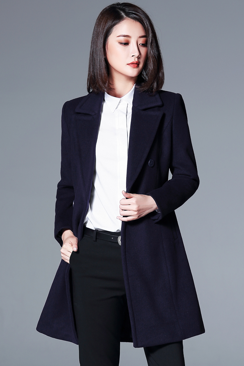 璐絲百麗黑色毛呢大衣女中長款新款職業(yè)修身羊毛呢子外套