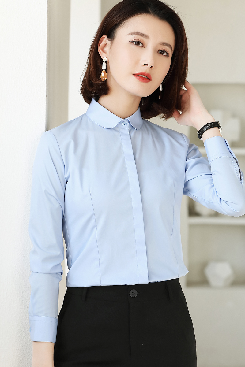 職業(yè)修身白襯衫女長(zhǎng)袖棉裝新款上衣時(shí)尚氣質(zhì)娃娃領(lǐng)藍(lán)色襯衣