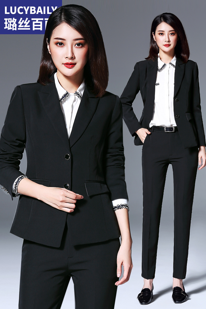 璐絲百麗黑色西服套裝女裝新款職業(yè)裝女裝套褲面試西裝正裝