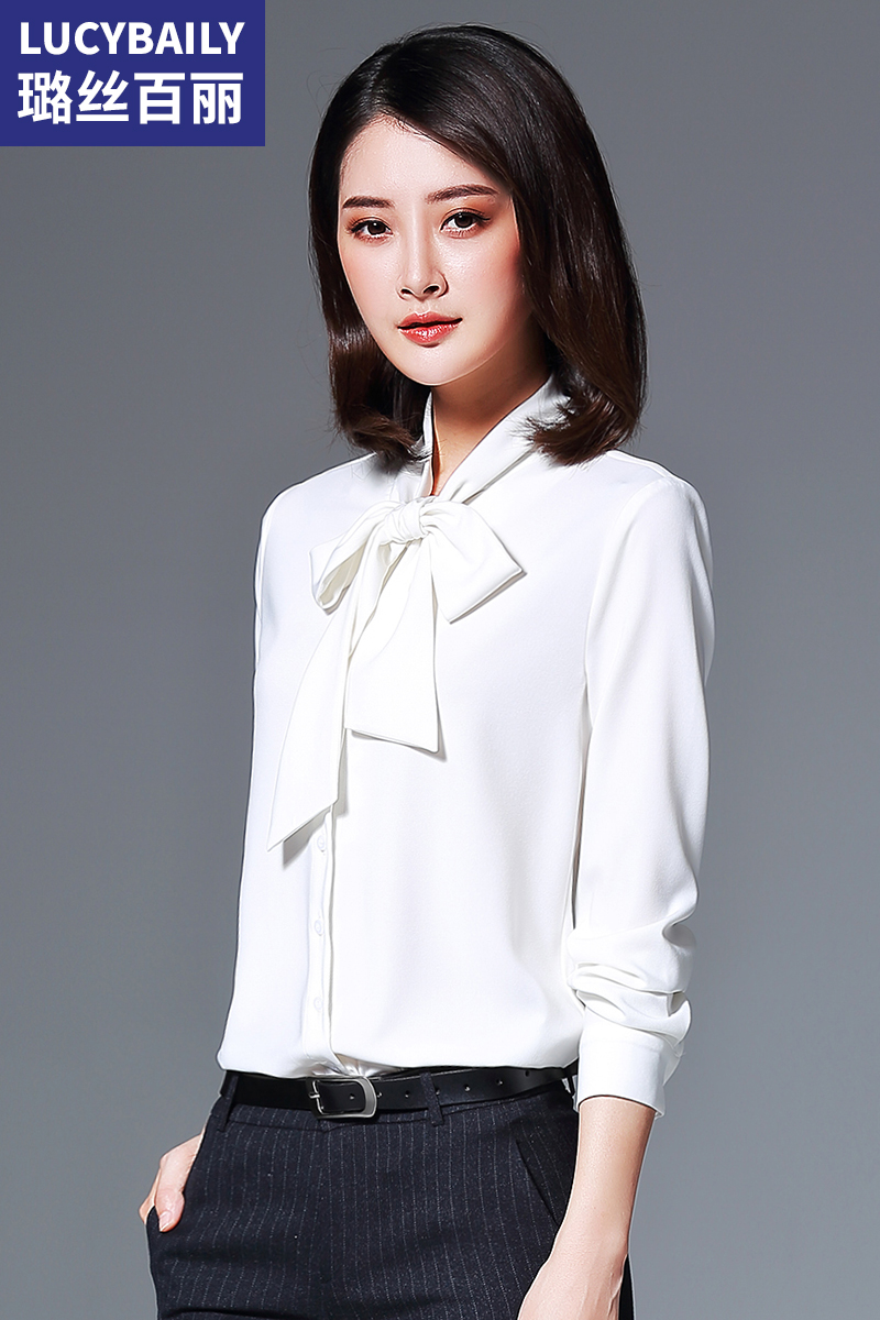 蝴蝶結(jié)襯衫女長袖新款飄帶打底上衣職業(yè)雪紡白色襯衣
