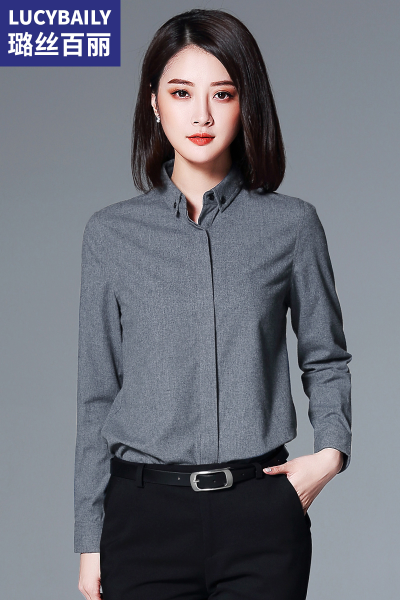 灰色襯衫女長袖新款上衣時尚職業(yè)打底襯衣