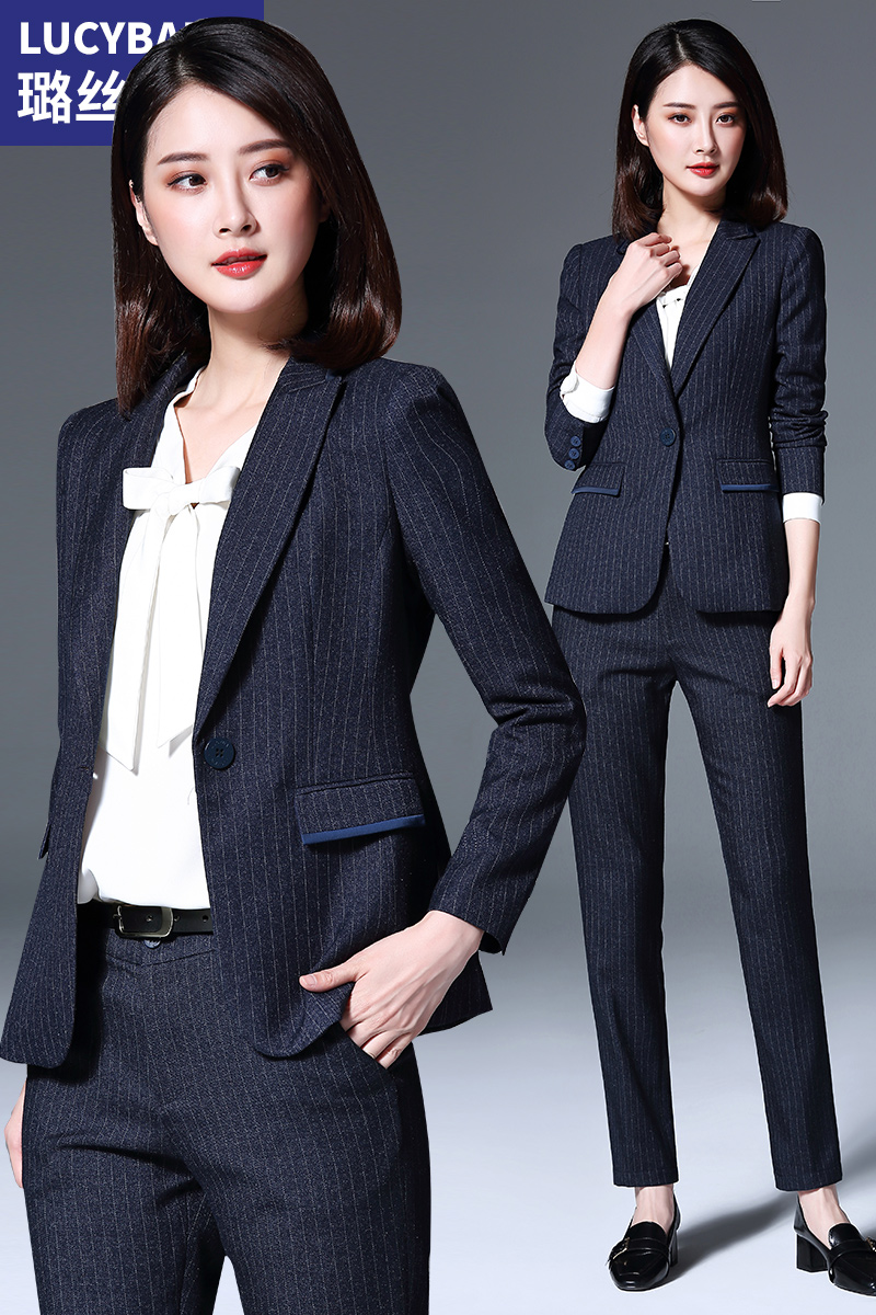 璐絲百麗條紋西裝套裝女新款修身職業(yè)正裝休閑工作服時尚西服
