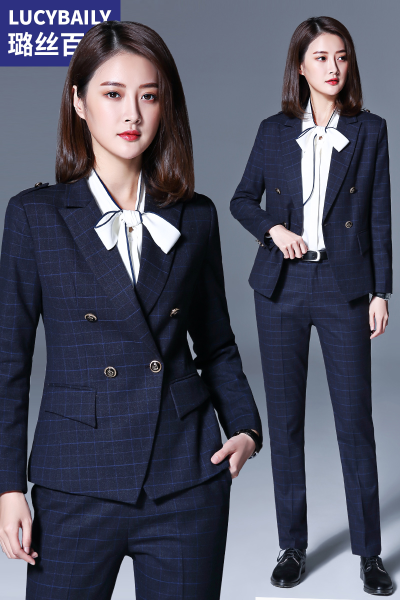 璐絲百麗格子修身西裝套裝女職業(yè)裝英倫風新款正裝工作服