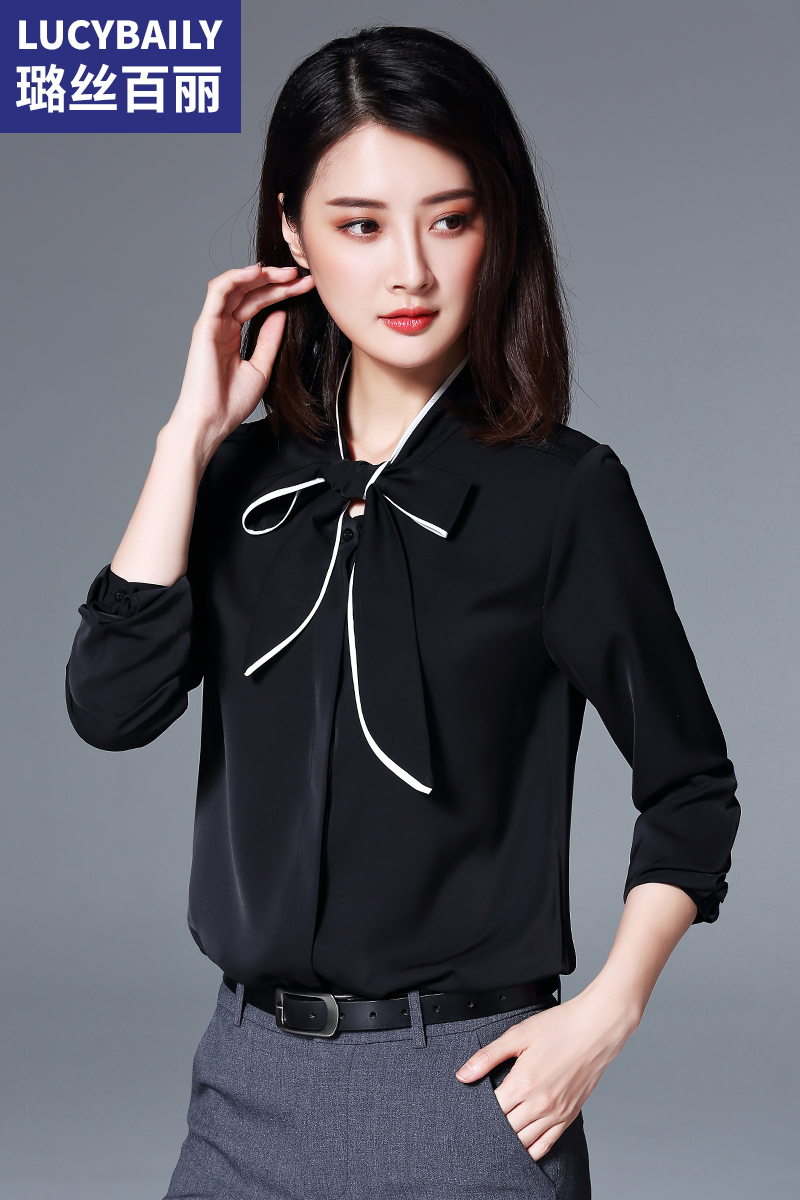 璐絲百麗黑色雪紡蝴蝶結(jié)襯衫女職業(yè)長(zhǎng)袖襯衣新款打底