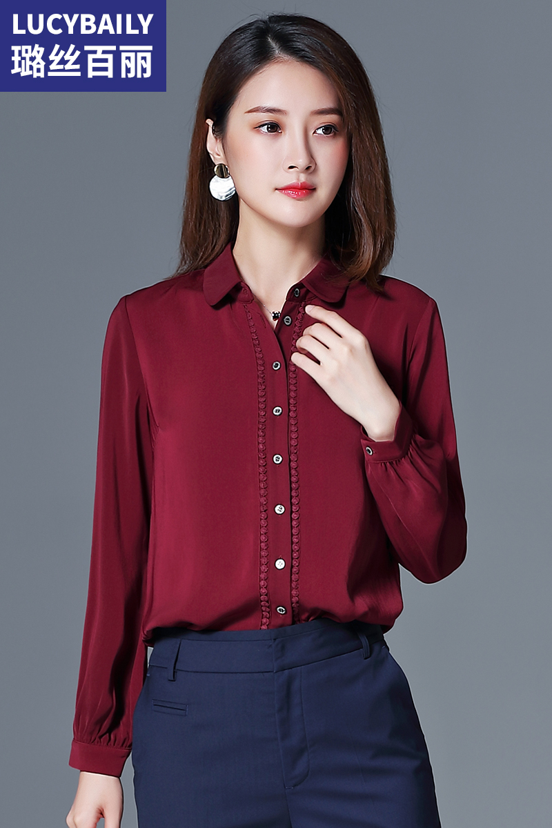 酒紅色職業(yè)裝上衣新款休閑時(shí)尚襯衫女長袖寬松氣質(zhì)雪紡襯衣