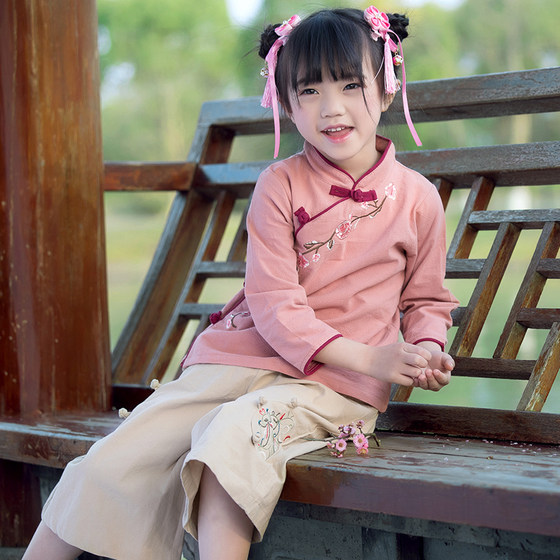 Girls Hanfu spring and autumn Chinese style children's clothing baby costume summer little girl children's cotton and linen suit new Chinese style Tang suit