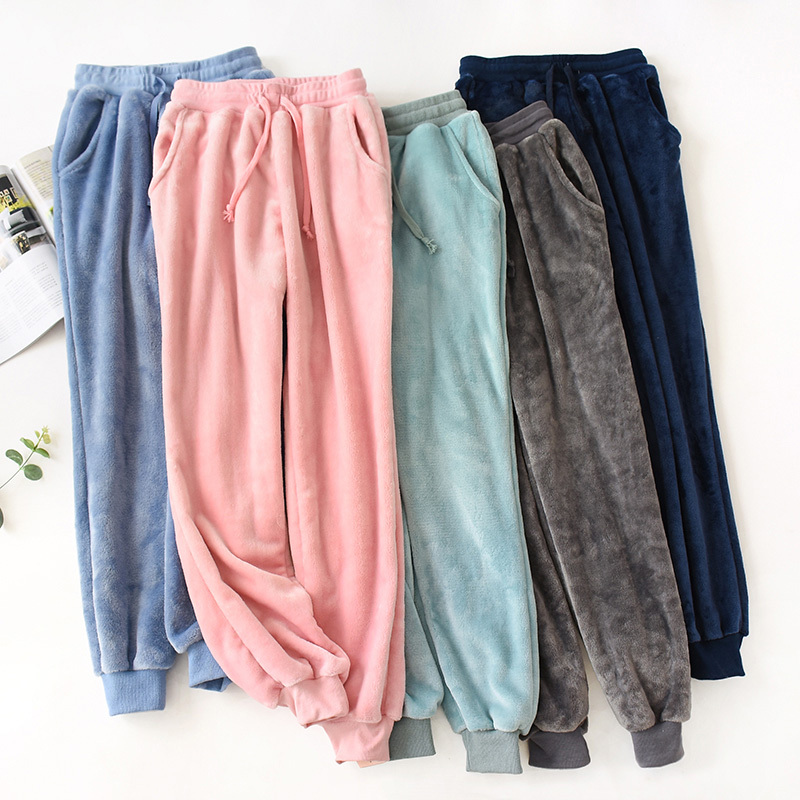 Flannel Pajama Pants for Women, Thickened, Loose-Fitting, Couple's Cuffed Coral Fleece Pants, Men's Winter Slim-Fit Home Pants