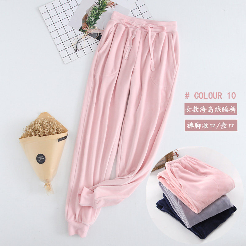Autumn and winter island velvet couple pajamas men's and women's closing trousers thickened warm flannel home pants loose elastic
