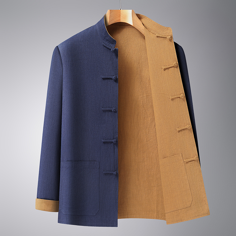New Chinese Style Spring and Autumn Men's Linen Tang Suit Set for Middle-Aged and Elderly Fathers, Reversible Chinese Hanfu Jacket New Chinese Style Spring and Autumn Men's Linen Tang Suit Set for Middle-Aged and Elderly Fathers, Reversible Chinese Hanfu Jacket