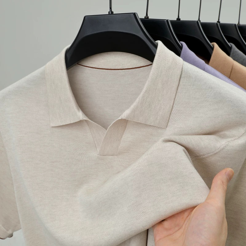 Seagull Collar 100% Lyocell Tencel Polo Shirt Men's Short Sleeve Summer Lapel T-Shirt Knitted Fashion Thin Style Seagull Collar 100% Lyocell Tencel Polo Shirt Men's Short Sleeve Summer Lapel T-Shirt Knitted Fashion Thin Style