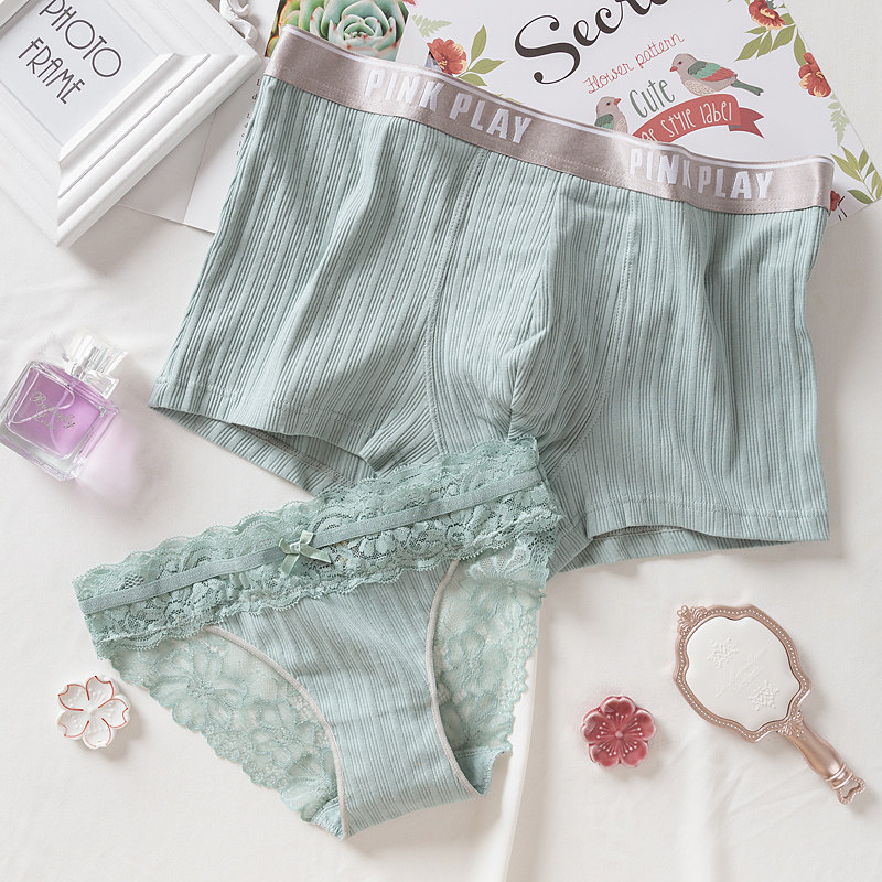 Comfort couple underpants pure cotton suit sexy hollow lace translucent underwear lady triangle men's flat horn