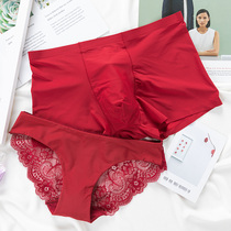 Red underwear couple married a pair of suit ice silk thin section sexy passion lace female triangle mens boxer pants