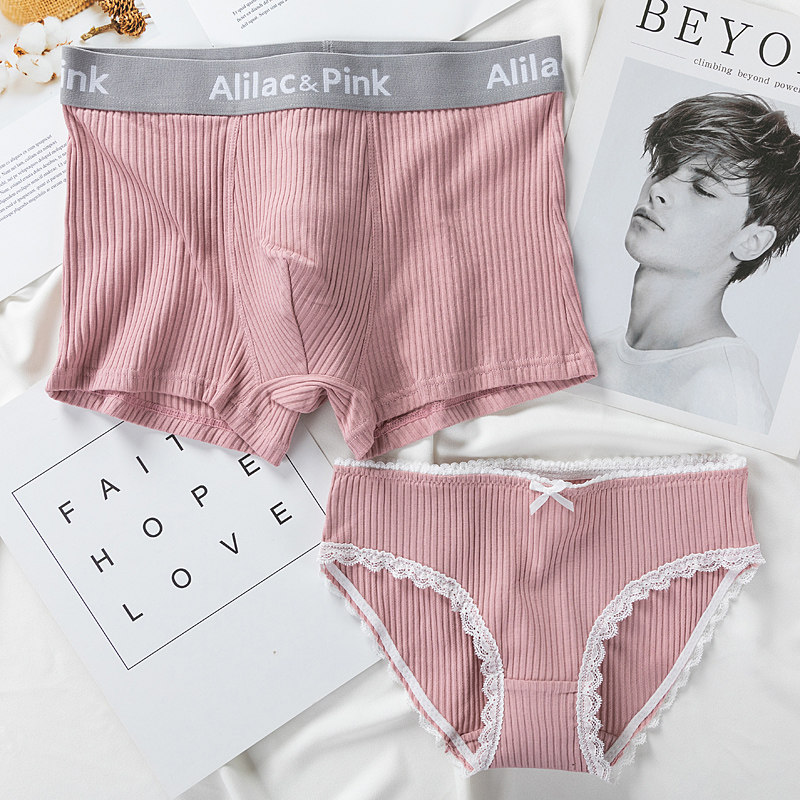 Pure cotton couple underwear suit sexy low waist whole cotton underpants ladies triangle lace side horn