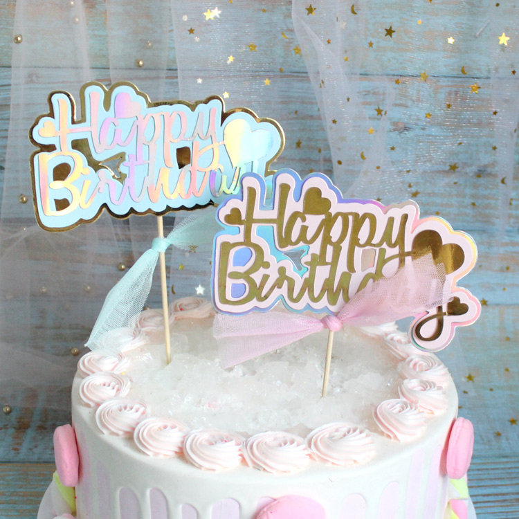 Cake decorated with meritocratic and reflective Happy Birthday inserts Flag Loving Butterfly Knots With Pink Blue Baking Inserts