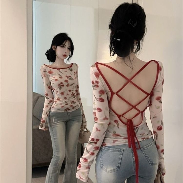 Mesh Design Unique Top, Pure and Alluring Summer Slim-Fit Top, Sexy Tie-Up Backless Retro Long-Sleeve T-Shirt ins