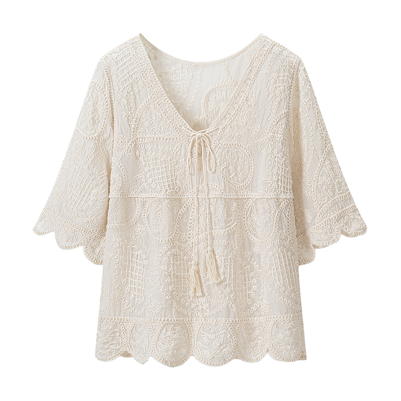 Sister Bohemian Heavy Embroidery Lace-Up Shirt for Women, High-End V-Neck Crochet Sunscreen Top, Age-Reducing Blouse