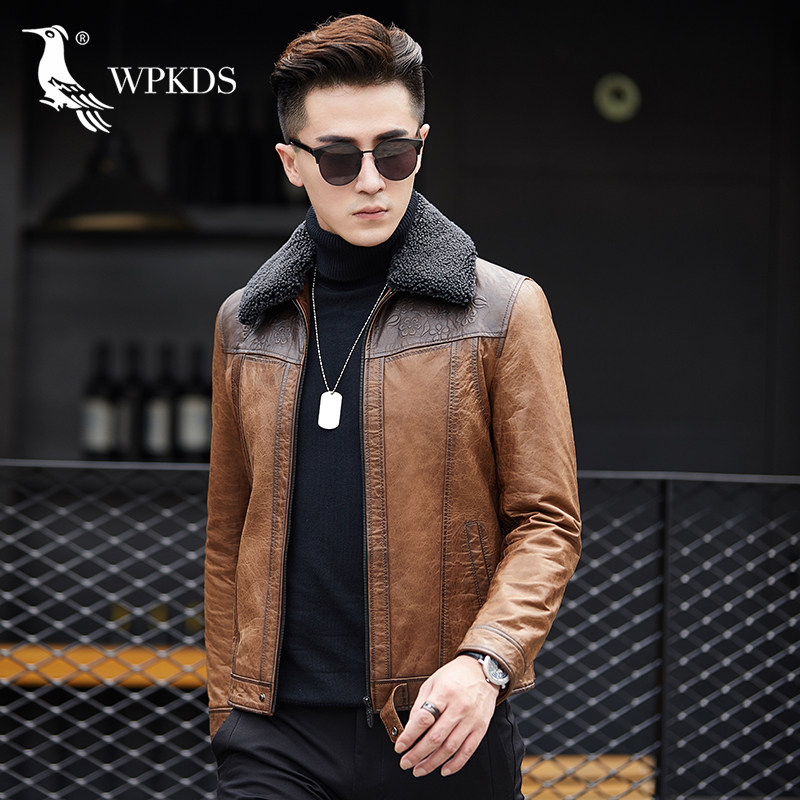Henning men's midlife Collar Casual Sheep Leather Jacket Short middle aged leather jacket Men's genuine leather daddy Dress Jacket