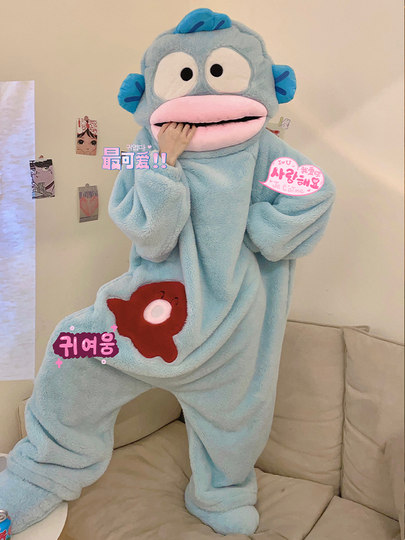 正版丑鱼连体睡衣冬季珊瑚绒加厚保暖卡通搞怪抽象睡袍家居服大码