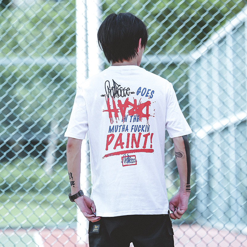 美式休闲街头绘画涂鸦印花潮男夏季圆领宽松t恤青少年复古短袖tee