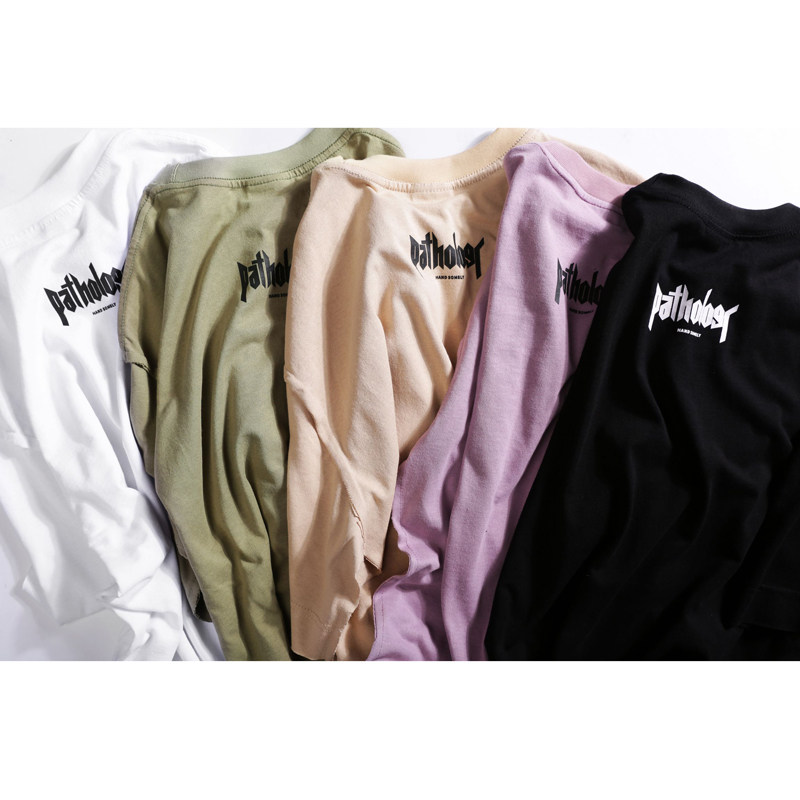 日系复古简约字母印花藕粉色夏季简约潮牌男纯棉短袖t恤学生百搭t