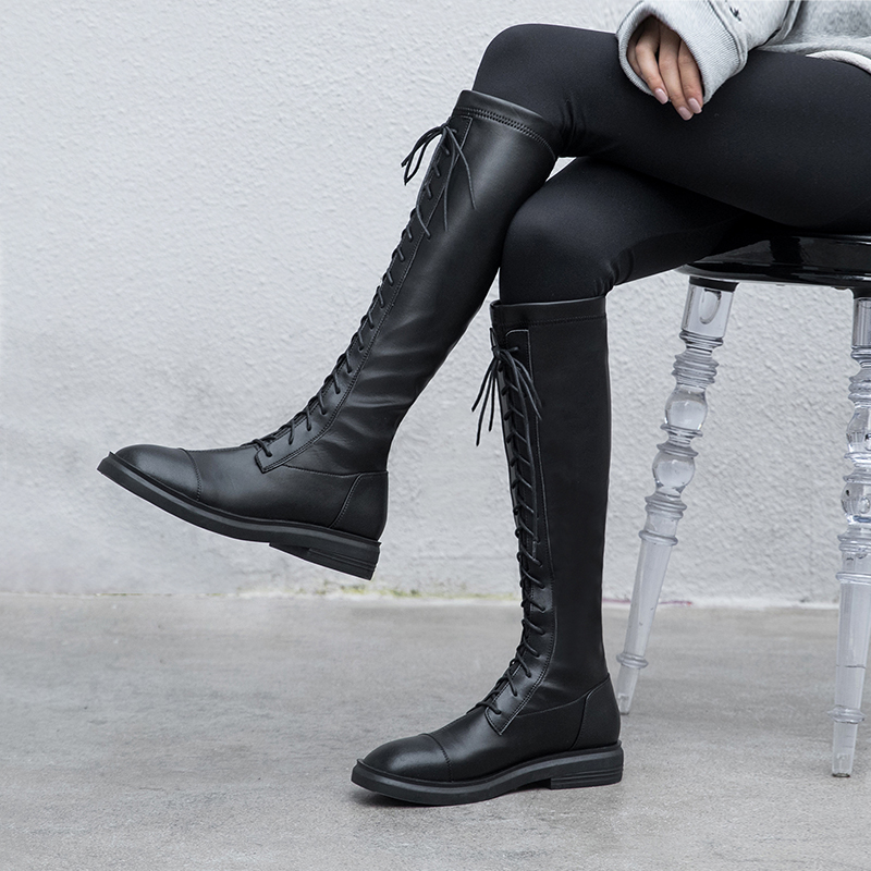 Riding boots Children 2021 Autumn only Knee-length Boots Flat Bottom Lace Elastic Long Cylinder High Cylinder Boots Small New