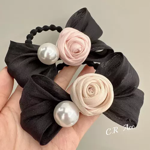 Резинка для волос из жемчуга с розой в составе, трехмерная заколка для волос с бантиком, ретро чехол, французский стиль, 3D цветок