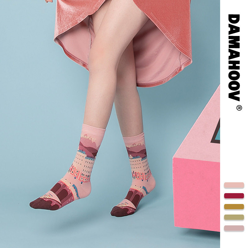Budapest Grand Hotel Series New Cartoon Illustrations Cute Personalities Ins Male Socks Female Midcylinder Socks 200 Needle