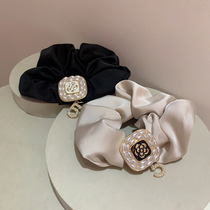 French light luxury small fragrance style hair accessories high-end pearl camellia pendant elegant satin large intestine hair ring headpiece