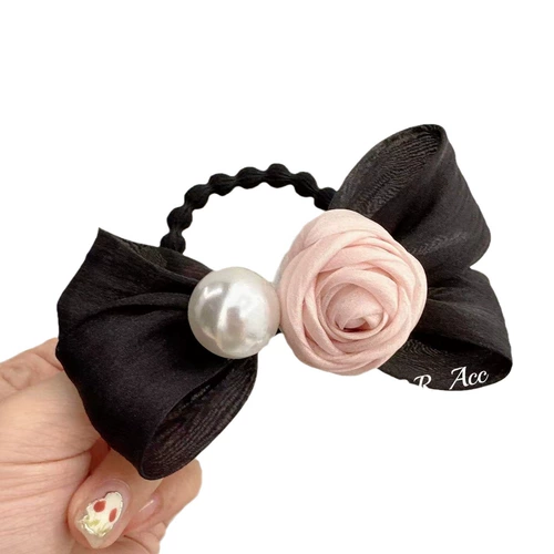 Резинка для волос из жемчуга с розой в составе, трехмерная заколка для волос с бантиком, ретро чехол, французский стиль, 3D цветок