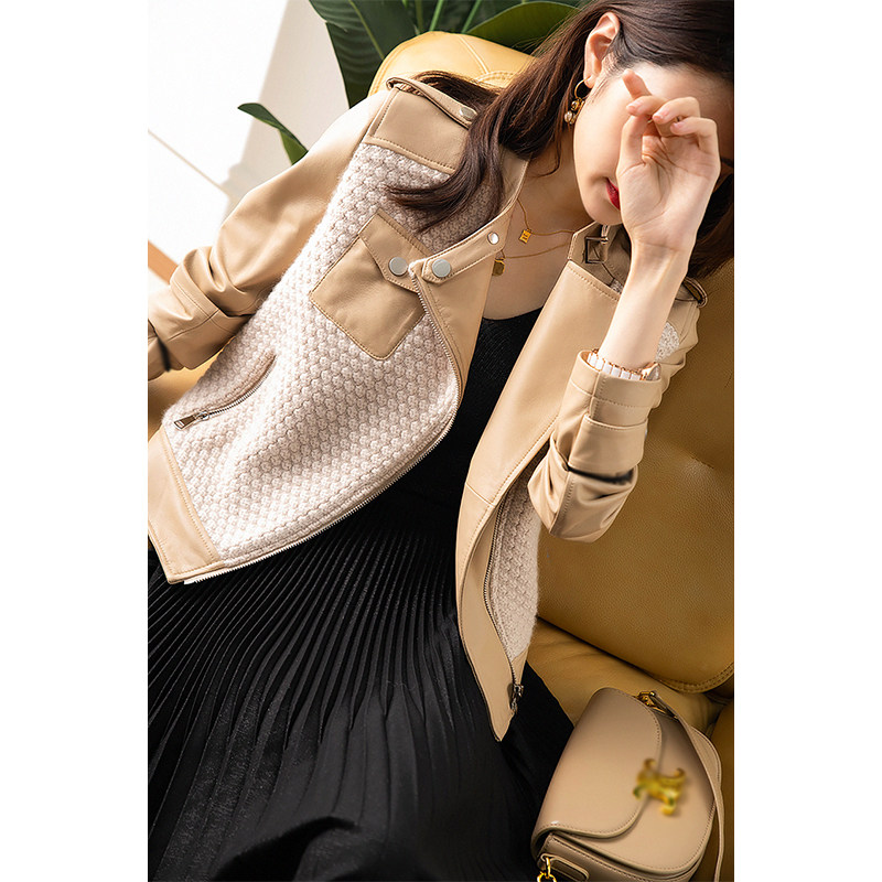 WK milk tea colour Good Penny Sheep Leather Parchment Cashmere Short locomotive dermis leather clothing early spring New P217249