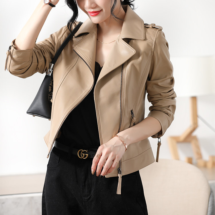 WK early autumn commuter locomotive sheep leather jacket women short slim lapel leather jacket P1982302