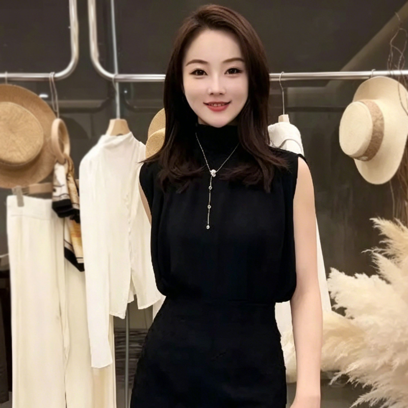Light and Mature Style, Reversible, Slimming, with Ribbons, Half-High Collar, Vest Shirt for Women, Elegant Solid Color Top, Thin Blouse
