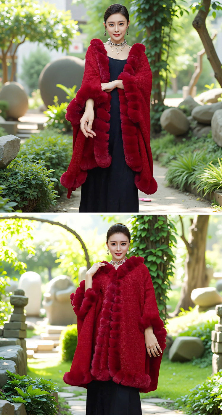 复古大码宽松毛领加绒厚斗篷披肩女蝙蝠袖中长款披风外搭毛呢外套详情3