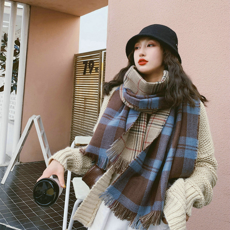 Ayiu New Plaid Autumn Winter 100 Hitch Warm Imitation Cashmere Bifacial Shawl Academy Wind Lady Shawl Collar