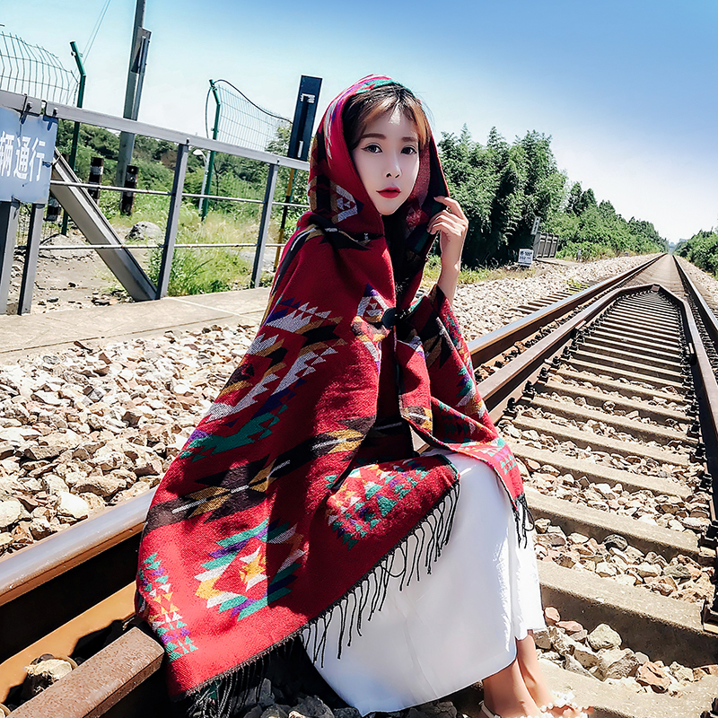 Ethnic wind split shawl female autumn and winter Nepal Tibet tourism warm scarf cape hooded thickened cloak